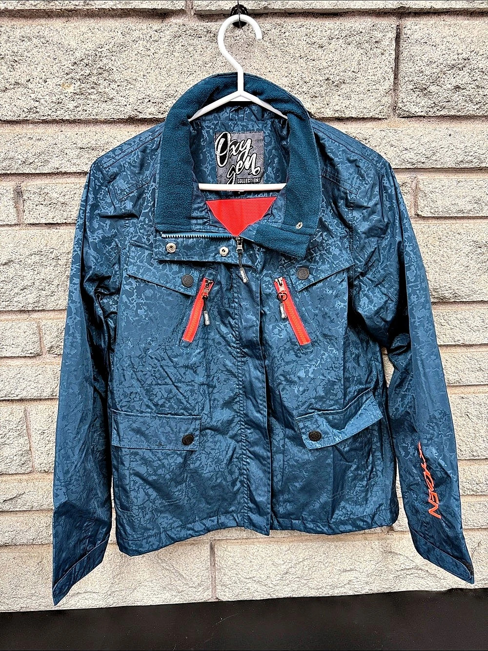 Oxygen Collections Womenโs Teal Printed Utility Jacket Size L Orange Accent Pock